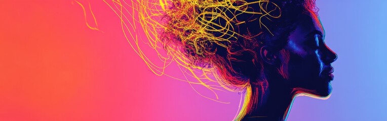 Poster - woman radiating vitality with glowing hair against a vibrant background at twilight