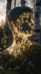 Poster - Glowing figure surrounded by nature illuminates the beauty of connection between humanity and the environment at dusk