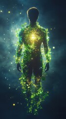 Fototapete - Conceptual depiction of a glowing man surrounded by vibrant green foliage in an ethereal setting