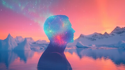 Poster - Man glowing with cosmic energy amidst icy mountains during twilight, symbolizing exploration of inner consciousness and connection with nature
