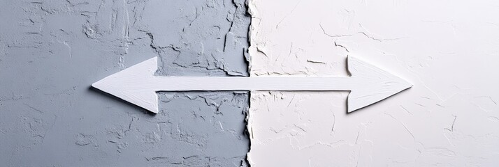 Poster - White double arrow pointing in opposite directions on a textured gray and white background representing choices, decision making, and the fear of better options - fobo -