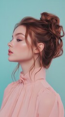Poster - Captivating profile of a young woman with elegantly styled hair in a pastel studio setting