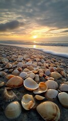 Poster - Sunset over a tranquil beach scattered with seashells and gentle waves lapping at the shore