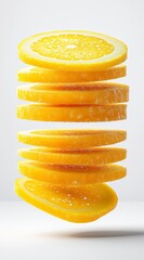 Wall Mural - Vibrant yellow lemon slices levitate against a bright white background, creating a refreshing and zesty image. The texture appears slightly sparkling