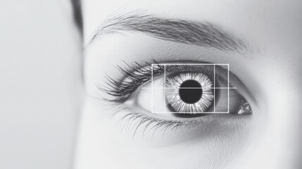 Poster - Grid lines are covering part of a woman's eye undergoing biometric scanning for identification, security, or medical purposes in black and white
