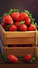 Poster - Close-up view of fresh strawberries arranged in a rustic wooden crate at a vibrant outdoor market