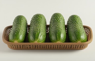 Poster - Four green cucumbers arranged in a brown wicker basket on a white background. Studio shot, simple composition