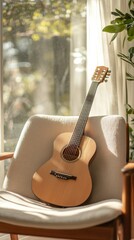 Poster - close-up of an acoustic guitar resting on a modern chair in a sunlit room with lush greenery nearby