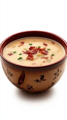 Poster - Close-up of a steaming bowl of creamy soup topped with crispy bacon and green onions on a clean white background