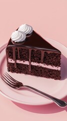 Aufkleber - Close-up view of a decadent chocolate cake slice with creamy frosting on a pastel-colored plate