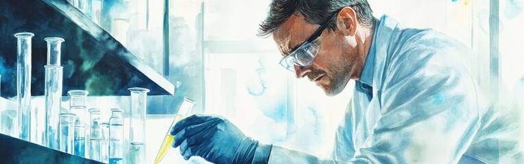 Fototapete - Portrait of a focused scientist conducting experiments in a bright laboratory with a watercolor background