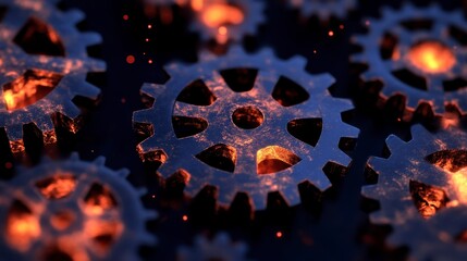 Poster - Glowing metallic gears interlock against a dark, fiery background. Sparks and embers surround the intricate machinery, creating a dramatic