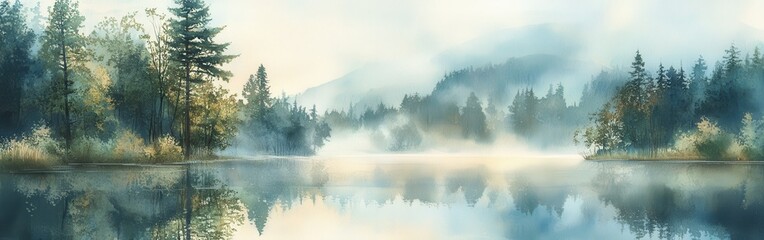 Poster - Serene lake surrounded by misty forest at dawn with soft pastel colors