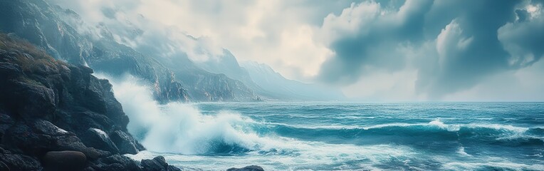 Aufkleber - Stunning watercolor background depicting a dramatic coastal scene with waves crashing against rocky cliffs under an overcast sky