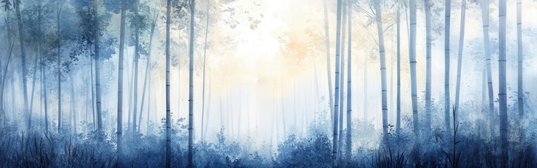 Poster - Beautiful watercolor forest landscape showcasing towering trees and a serene atmosphere in soft blue hues during early morning