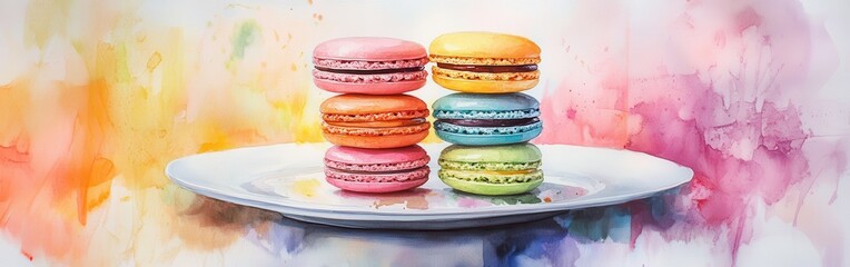 Aufkleber - Colorful macarons stacked on a plate with a vibrant watercolor background showcasing delightful pastry artistry