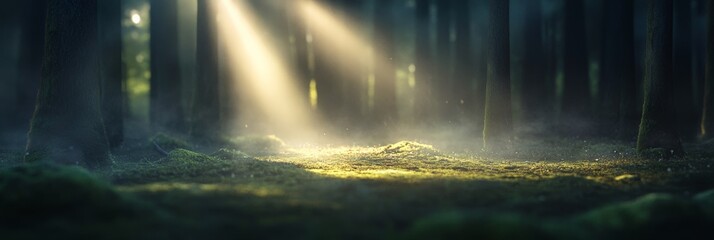 Poster - Golden sunbeams illuminating a mysterious, foggy forest floor, blanketed in lush green moss, create a magical and enchanting atmosphere filled with tranquility and serenity