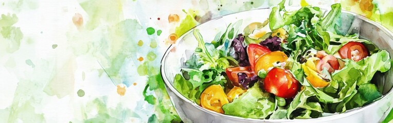 Poster - Fresh garden salad with vibrant tomatoes and greens on a soft watercolor background
