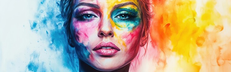 Leinwandbilder - Colorful artistic portrayal of a woman with a vibrant watercolor background showcasing emotional depth and creativity