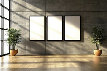 Poster - minimalist contemporary gallery interior featuring trio of empty white canvas frames with natural li