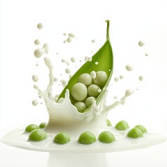 Poster - Fresh green peas bursting from a pod into creamy milk, creating a vibrant splash. White background enhances the bright colors