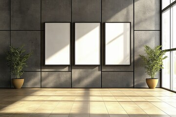 Poster - bright and spacious gallery interior featuring three empty white frames on a modern wall with potted