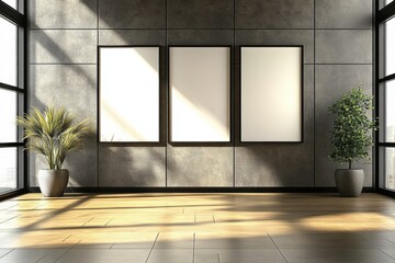 Poster - contemporary gallery interior showcasing trio of empty white canvas frames with natural light and in