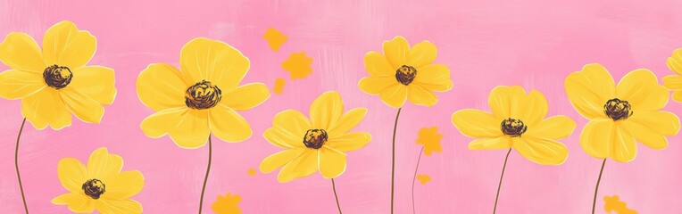 Poster - Bright yellow flowers in a playful doodle style against a pink backdrop create a cheerful and vibrant atmosphere