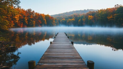 Poster - Long wooden dock extending into misty lake surrounded by colorful autumn foliage in early morning light