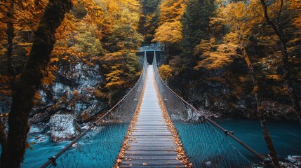 Aufkleber - Narrow suspension bridge stretching over a serene river surrounded by autumn foliage in a tranquil forest