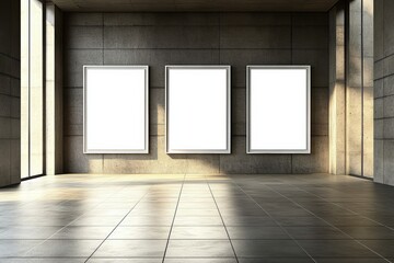 Poster - Contemporary Gallery Interior with Trio of White Canvas Frames on Concrete Wall, Perfect for Art Exhibitions and Display