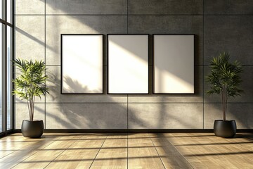 Poster - modern gallery interior with trio of blank canvas frames and stylish plants in bright sunlight creat