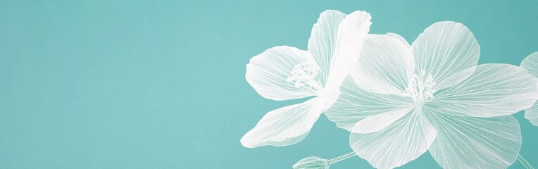 Poster - Minimalist white flower outlines on a soft turquoise background create a serene and elegant atmosphere suitable for various design applications