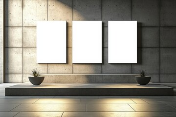 Poster - contemporary gallery display featuring three white canvas frames on minimalist concrete wall with na