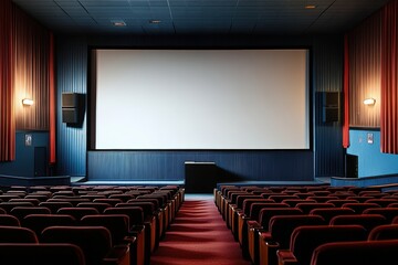 Poster - Empty Cinema Interior with Blue and Red Color Scheme Featuring a Blank White Screen in a Movie Theater Setting