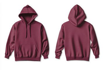 Wall Mural - Maroon hoodie sweatshirt front and back views with drawstring and front pocket on a white background