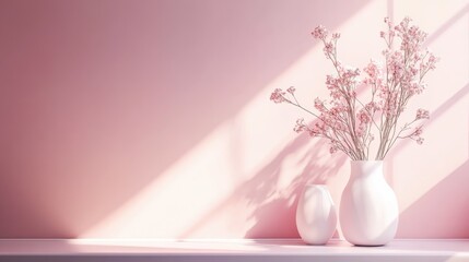 Poster - Elegant pastel pink gradient backdrop with delicate flowers in simple vases creating a serene atmosphere in a bright room