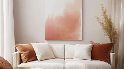 Poster - Minimalist white canvas art adorned with a single pencil on a cozy sofa in a serene living room setting