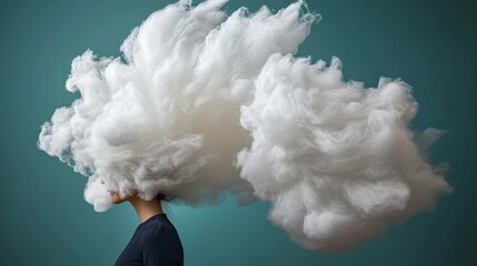 Poster - A woman's head is partially enveloped in swirling white mist, set against a gradient backdrop shifting from deep indigo to soft azure, creating an ethereal effect