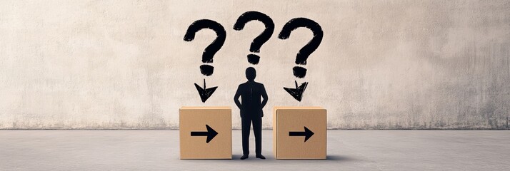 Poster - Businessman standing between two cardboard boxes with arrows pointing in opposite directions, representing decision making and uncertainty with question marks above