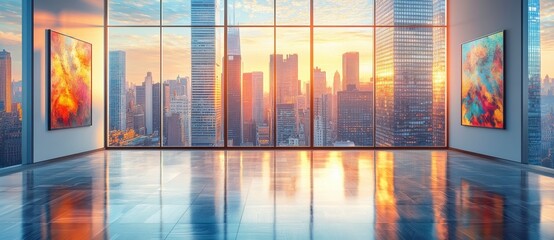 Wall Mural - Modern art gallery interior with city skyline view at sunset. Two abstract paintings on walls, reflecting on shiny floor. Warm lighting