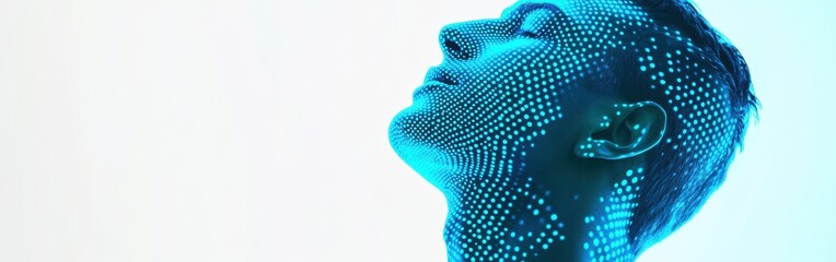 Poster - Vibrant light patterns illuminate face with bright cyan and electric blue hues in artistic portraiture