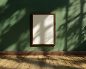 Blank Canvas in Wooden Frame Against a Green Wall with Leaf Shadows