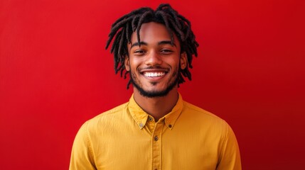 Aufkleber - Young man with medium brown skin smiles brightly against a vibrant red background in a casual setting