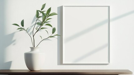 Poster - minimalist mockup of a blank white frame with green plant in simple vase on wooden shelf against lig