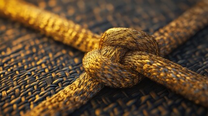 Poster - Detailed view of a beautifully tied golden knot against a textured brown background