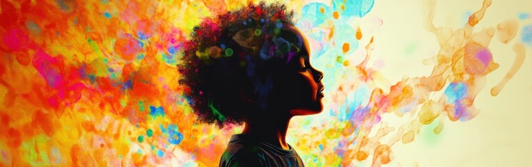 Poster - Vibrant visualization of a glowing child with creative colors and light effects at a warm setting