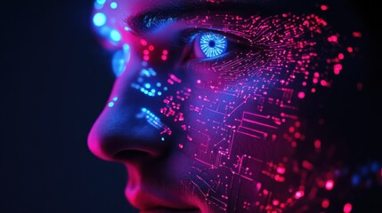 Poster - Vibrant portrait of a man's face illuminated with digital circuits and glowing elements in a futuristic setting