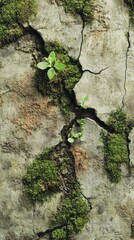 Aufkleber - Weathered concrete surface adorned with moss and sprouts showcasing nature's resilience and beauty