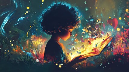Leinwandbilder - Vibrant silhouette of a child captivated by the magic of storytelling at dusk in a colorful landscape
